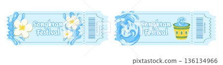 Set of entry tickets for Songkran Water Festival, Thai New Year celebration, with water splashes, buckets of water, tropical flowers and floral decorations, traditional summer festival concept 136134966