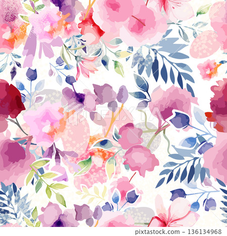Seamless background with pink watercolor delicate flowers. Hand drawn. Not AI, vector illustration. Seamless background with pink watercolor delicate flowers. Hand drawn. Not AI, vector illustration. 136134968