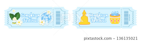 Set of entry tickets for Songkran Water Festival, Thai New Year celebration, with water splashes, buckets of water, tropical flowers, floral decorations and Buddha statue, spiritual Thai holiday 136135021