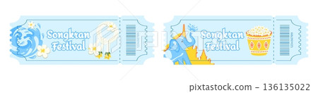 Set of entry tickets for Songkran Water Festival, Thai New Year celebration, with water splashes, buckets of water, tropical flowers, floral decorations, elephant and Thai temple, traditional Asian 136135022