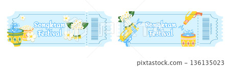 Set of entry tickets for Songkran Water Festival, Thai New Year celebration, with water splashes, buckets of water, tropical flowers, floral decorations and water guns, bright summer festival design 136135023