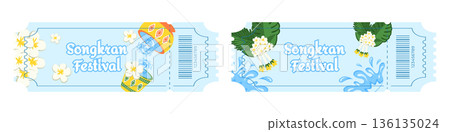 Set of entry tickets for Songkran Water Festival, Thai New Year celebration, with water splashes, buckets of water, tropical flowers and traditional floral decorations, colorful festive design 136135024