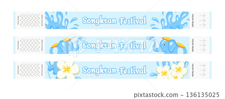 Songkran Thai New Year Festival Entry Wristband Set with Water Splashes, Flowers and Elephant Illustration 136135025