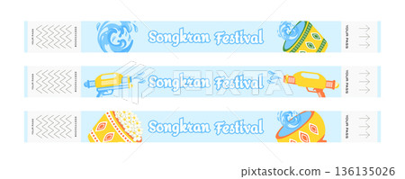 Songkran Thai New Year Festival Entry Wristband Set with Water Splashes, Flowers, Traditional Decorations, Water Buckets, Jugs and Water Guns Songkran Thai New Year Festival Entry Wristband Set with Water Splashes, Flowers, Traditional Decorations, Water Buckets, Jugs and Water Guns 136135026