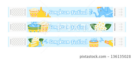 Songkran Thai New Year Festival Entry Wristband Set with Water Splashes, Flowers, Traditional Decorations, Elephant, Buddhist Temple and Buddha Illustration Songkran Thai New Year Festival Entry Wristband Set with Water Splashes, Flowers, Traditional Decorations, Elephant, Buddhist Temple and Buddha Illustration 136135028