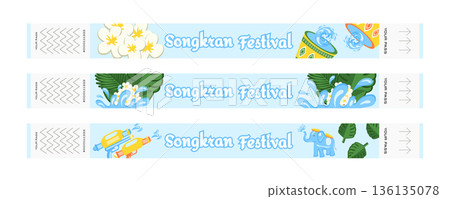 Songkran Thai New Year Festival Entry Wristband Set with Water Splashes, Flowers, Traditional Decorations, Elephant, Water Buckets and Water Guns 136135078