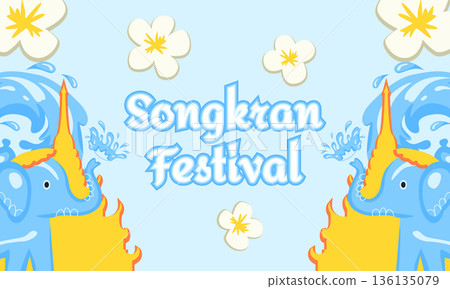 Songkran Thai New Year Festival Banner with Water Splashes, Temples, Elephants and Floral Decorations 136135079