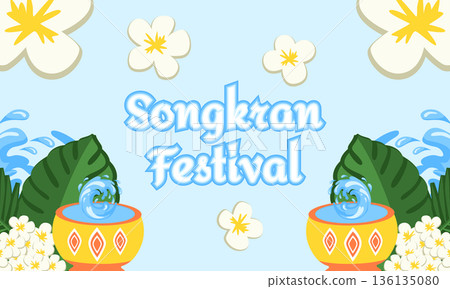 Songkran Thai New Year Banner with Water Buckets, Splashes, Tropical Flowers and Green Plants 136135080