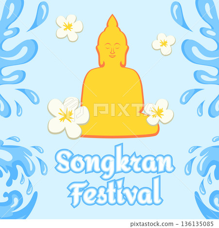 Songkran Thai New Year Greeting Card Banner with Water Splashes, Buddha Statue and Traditional Flowers 136135085