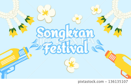 Playful Songkran Festival Banner with Water Splashes, Water Guns, Tropical Decorations and Flowers Playful Songkran Festival Banner with Water Splashes, Water Guns, Tropical Decorations and Flowers 136135107