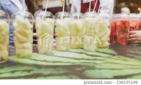 Moscow street market offering fresh fruit cups Moscow street market offering fresh fruit cups 136135149