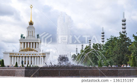 VDNKh pavilion against a fountain in Moscow VDNKh pavilion against a fountain in Moscow 136135197