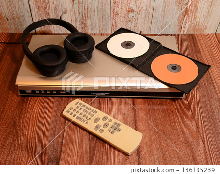 player with headphones and an open disc case 136135239