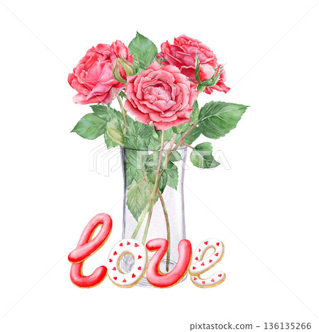 watercolor illustration of a rose Bouquet in a glass vase with a "LOVE" gingerbread cookie,hand drawn  . Romantic valentines day gift concept . 136135266