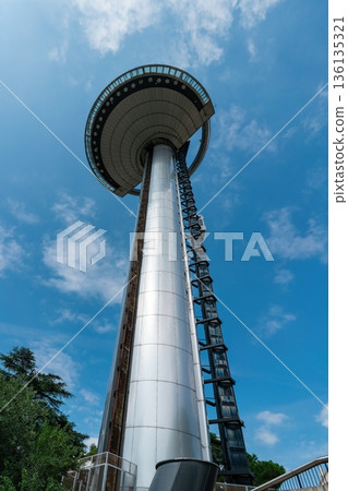 Faro de Moncloa observation tower in Madrid, Spain seen from below 136135321