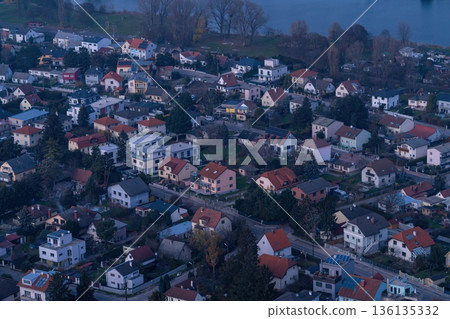 Residential neighborhood aerial view from Danube Tower Vienna at dusk Residential neighborhood aerial view from Danube Tower Vienna at dusk 136135332