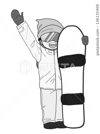 A woman raising her hand while holding a snowboard, gray 136135409