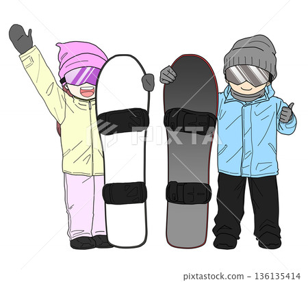 兩名男女手持滑雪板站立 兩名男女手持滑雪板站立 136135414