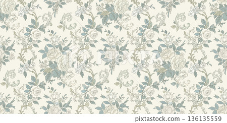 Toile de jouy vector seamless vintage floral pattern Toile de jouy vector seamless vintage floral pattern 136135559
