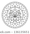 Intricate black and white mandala with lotus design with geometric patterns and circular motifs. Art rangoli mandala with a central lotus flower for festive decorations. 136135651