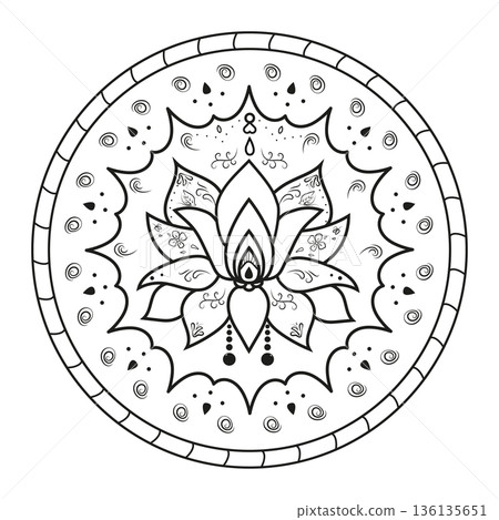 Intricate black and white mandala with lotus design with geometric patterns and circular motifs. Art rangoli mandala with a central lotus flower for festive decorations. 136135651