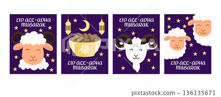Eid al Adha Mubarak greeting banner set with cute sheep and goat, crescent moon, lantern, stars and plate of dates, Islamic holiday illustration Eid al Adha Mubarak greeting banner set with cute sheep and goat, crescent moon, lantern, stars and plate of dates, Islamic holiday illustration 136135671