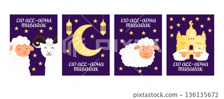 Eid al Adha Mubarak greeting banner set with cute sheep and goat, crescent moon, lantern, mosque and stars, Islamic festival illustration Eid al Adha Mubarak greeting banner set with cute sheep and goat, crescent moon, lantern, mosque and stars, Islamic festival illustration 136135672
