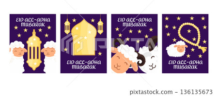 Eid al Adha Mubarak greeting banner set with cute sheep and goat, lantern, mosque, stars and prayer beads, Islamic holiday illustration Eid al Adha Mubarak greeting banner set with cute sheep and goat, lantern, mosque, stars and prayer beads, Islamic holiday illustration 136135673