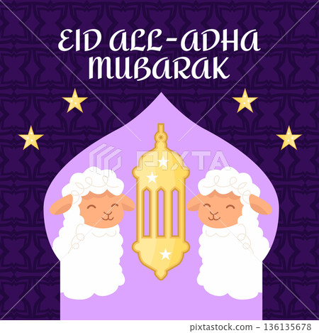 Eid al Adha Mubarak greeting card and banner with sheep, mosque, stars and lantern, Islamic holiday illustration for Muslim celebration Eid al Adha Mubarak greeting card and banner with sheep, mosque, stars and lantern, Islamic holiday illustration for Muslim celebration 136135678