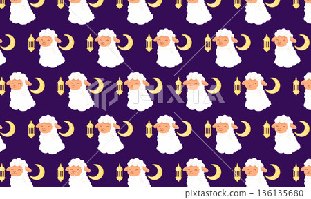 Eid al Adha Seamless Pattern with Lamb, Islamic Lanterns and Crescent Moon 136135680