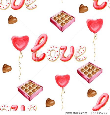 Seamless pattern with hand drawn watercolor "LOVE" gingerbread, chocolate candy box, heart shaped balloon and pralines . Valentines day sweet background. 136135727