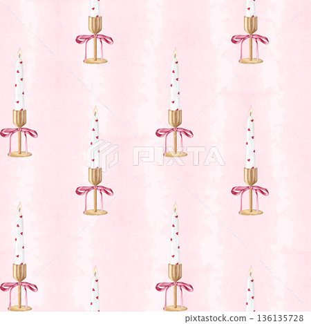 Watercolor white  candles in golden candlesticks seamless Pattern ,hand drawn . Romantic candlelight texture for wedding and celebration design  . 136135728