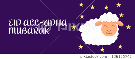 Eid al Adha Mubarak horizontal greeting card banner with cute lamb and stars, Islamic holiday illustration 136135742