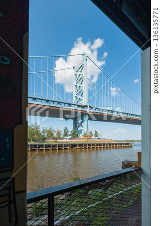 Benjamin Franklin bridge spans a river with a blue sky in the background Benjamin Franklin bridge spans a river with a blue sky in the background 136135771
