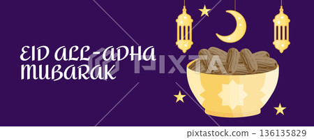 Eid al Adha Mubarak horizontal greeting card banner with dates plate, moon, stars and lanterns 136135829