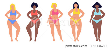 International Womens Day body positive illustration set of plus size multiracial women in underwear and swimwear diversity empowerment concept International Womens Day body positive illustration set of plus size multiracial women in underwear and swimwear diversity empowerment concept 136136215