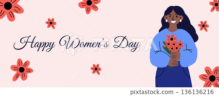 International Womens Day greeting banner with happy dark skinned woman holding pink flowers 8 March illustration International Womens Day greeting banner with happy dark skinned woman holding pink flowers 8 March illustration 136136216
