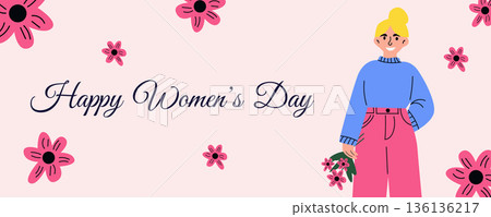 International Womens Day greeting banner with happy woman holding pink flowers 8 March illustration 136136217