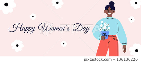 International Womens Day greeting banner with happy dark skinned woman holding white flowers 8 March illustration 136136220