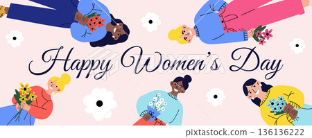 International Womens Day greeting banner with joyful diverse women holding flowers 8 March celebration illustration 136136222