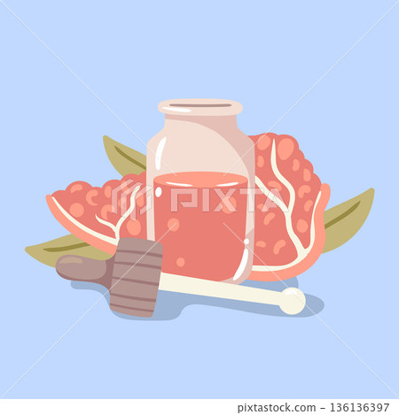 Refreshing pomegranate seed oil with juicy fruit accents. A vibrant illustration for organic skincare products and antioxidant beauty treatments. Refreshing pomegranate seed oil with juicy fruit accents. A vibrant illustration for organic skincare products and antioxidant beauty treatments. 136136397