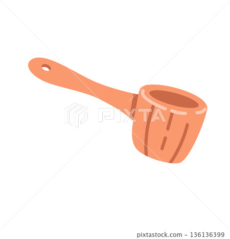 A classic wooden scoop for pouring water over hot rocks. Minimalist design that highlights essential spa equipment 136136399