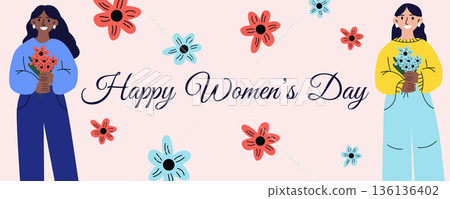 International Womens Day greeting banner with happy interracial women holding flowers 8 March illustration 136136402