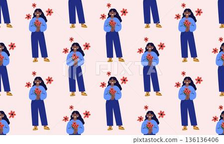International Womens Day seamless pattern with dark skinned woman holding flowers 8 March illustration 136136406