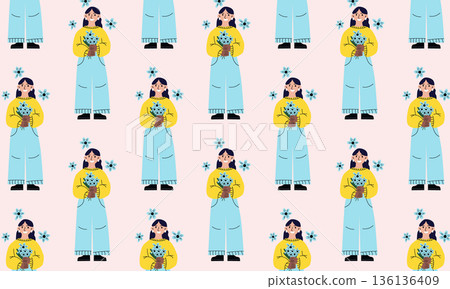 International Womens Day seamless pattern with light skinned woman holding flowers spring illustration International Womens Day seamless pattern with light skinned woman holding flowers spring illustration 136136409