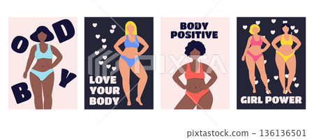 Body positive card and banner set with confident multiracial plus size women in lingerie and swimwear 136136501