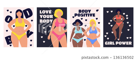 Body positive banner card set with beautiful multiracial plus size women in underwear and swimwear inclusive diversity concept 136136502