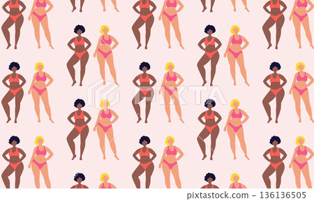 Body positive seamless pattern with multiracial plus size women in swimwear and underwear Body positive seamless pattern with multiracial plus size women in swimwear and underwear 136136505