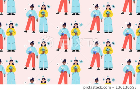 International Womens Day seamless pattern background with multicultural women and flower bouquets 136136555