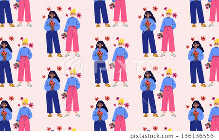 Womens Day 8 March seamless pattern with diverse women holding flowers international celebration illustration Womens Day 8 March seamless pattern with diverse women holding flowers international celebration illustration 136136556